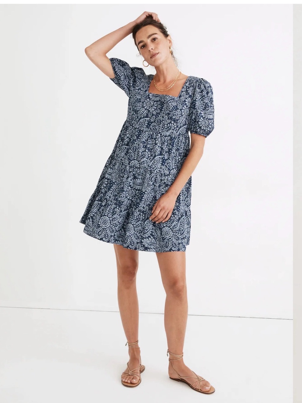 Madewell Blue Poplin Cotton Puff Sleeve Tiered Mini Babydoll Dress Women’s US 4 - Picture 1 of 14